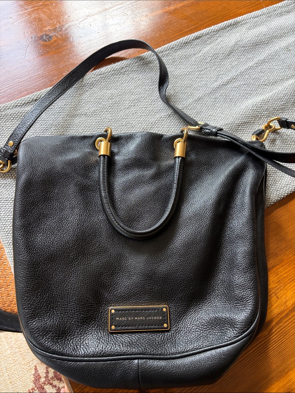 Marc by Marc Jacobs Pebbled Black Leather Shoulder Satchel with Gold Hardware